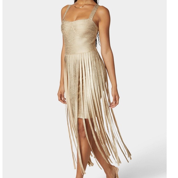 BEBE CHAMPAGNE BANDAGE FRINGE MAXI DRESS ✨✨✨ - Picture 2 of 12